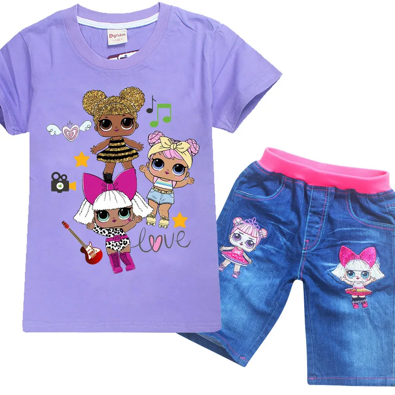 Bombaž Baby Dekleta Lol Obleke Poletje Tshirt+jeans Oblačila Sklop 2pcs Risanka Tiskanja Kratkimi Rokavi Otroci Oblačila Priložnostne