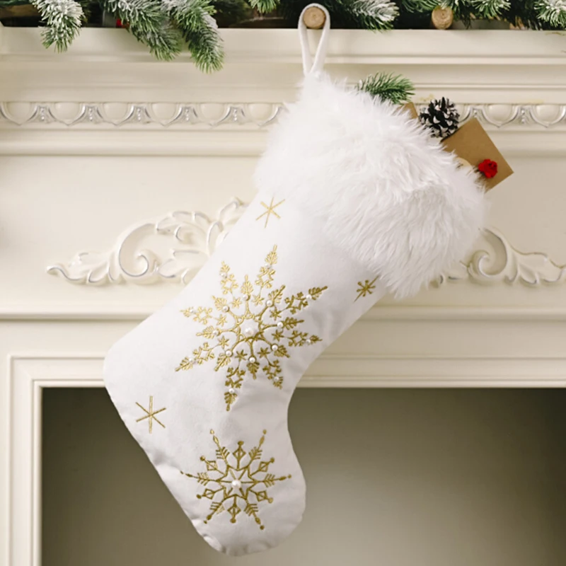 CX-Božični Okraski, Nogavice Flanela Vezene Pearl Snežinka Naselitve Božič Plišastih Božično Darilo Vrečko Candy Bag