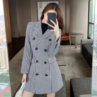 Houndstooth Winter Long Coat Women Notched Double Breasted Slim A-line Outfit Femme Elegant Office Lady Wool Coats Korean Abrigo