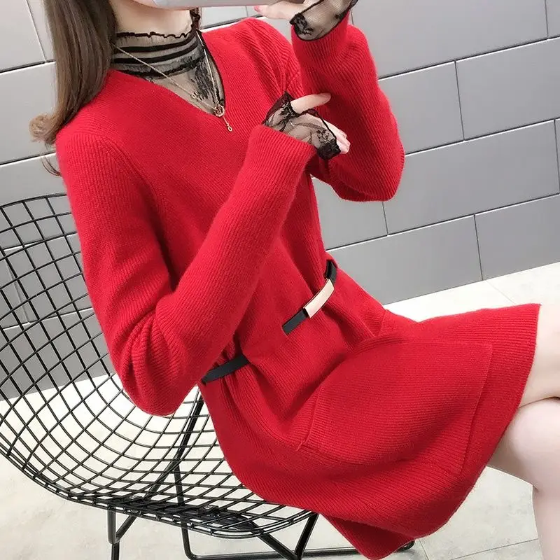 Ženski pulover s seksi čipko turtleneck znotraj pulover s suknji jeseni in pozimi leta 2020 nove mid-dolžina zunanjo rabo