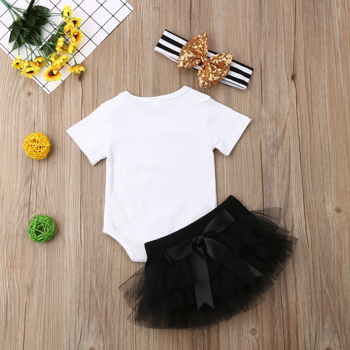 Newborn Infant Baby Girls Summer Short Sleeve Clothes Set Withe Letter Print Romper+Black Tutu Skirt+Headband 3pcs Casual Outfit