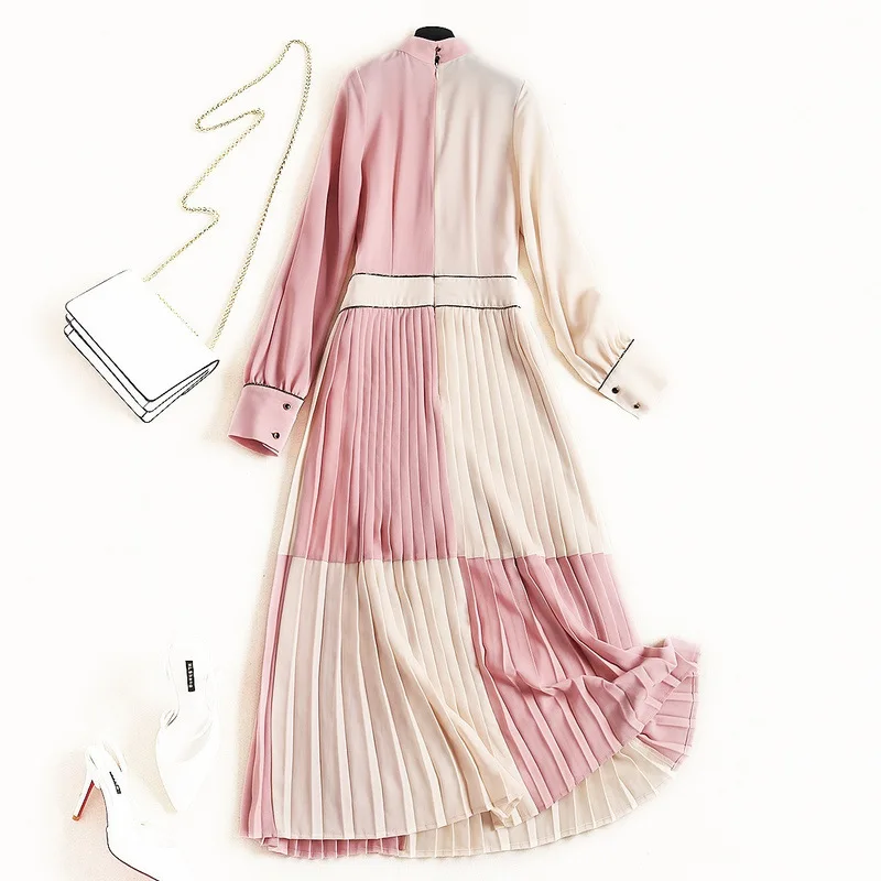 Dolg Rokav Lok Vratu Barvo Sladko Roza Midi Naguban Šifon Obleke 2020 Novo Pomlad Obleke za Ženske Modni Oblikovalci