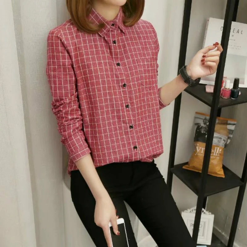 2019 Novo Outono blusa Feminina Camisa xadrez marca de algodão priložnostne Feminino manga Longa blusas vrhovi Feminino escritório senho