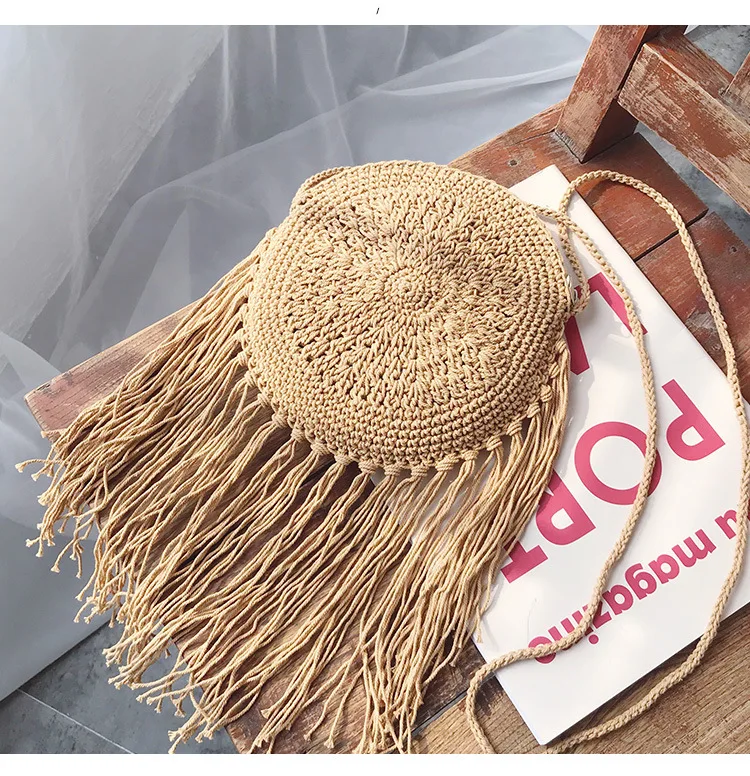 Vintage Moda Krog Ročno tkane Ženska Torba Poleti Potovanja, Nakupovanje Slame Plaža Vrečke Rese Ženski Majhne Messenger Bag