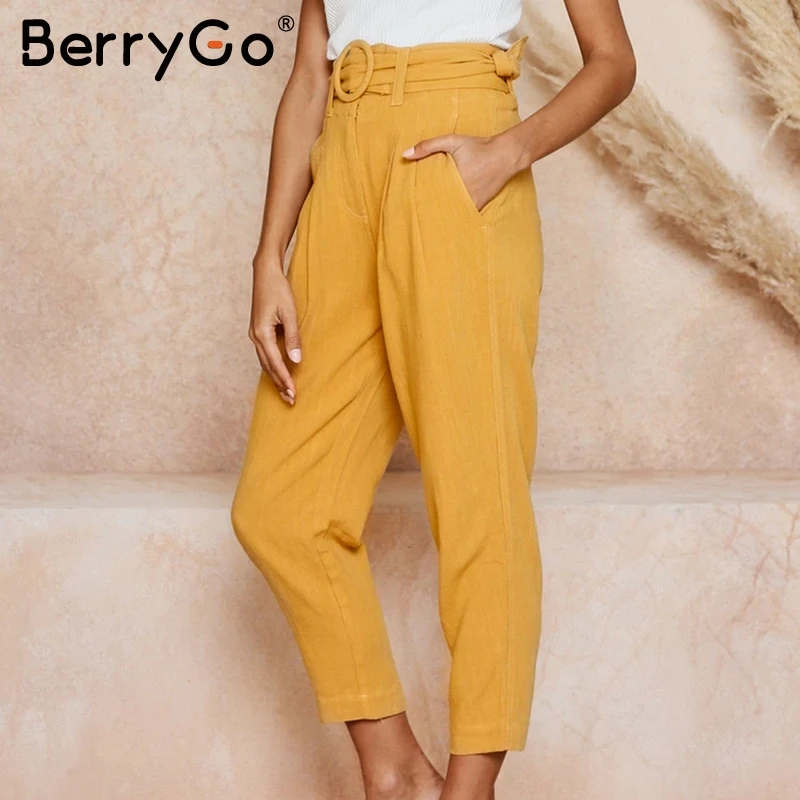 BerryGo Elegantno krilo pasu ženske hlače Visoko pasu gumbi urad gospe jeseni dela hlače Elegantna rumena žep ženske hlače 2019