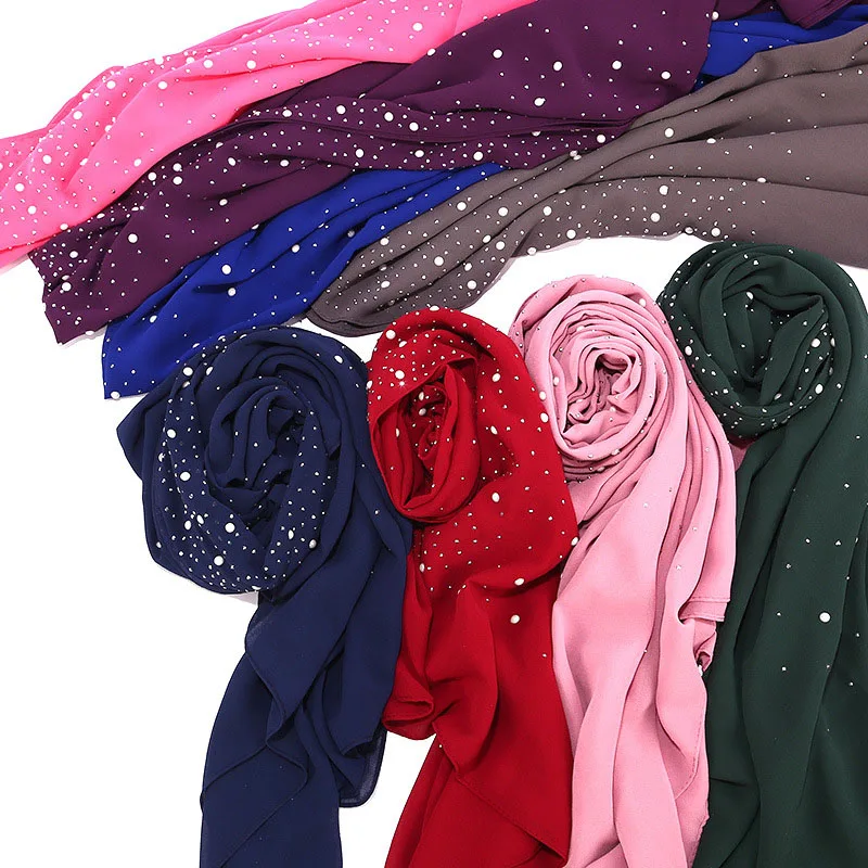 Studded Pearl Šifon Hijabs Navaden ženski Šal Pokrivala Zaviti Rute Šal Modi 20 Barv 70*175cm