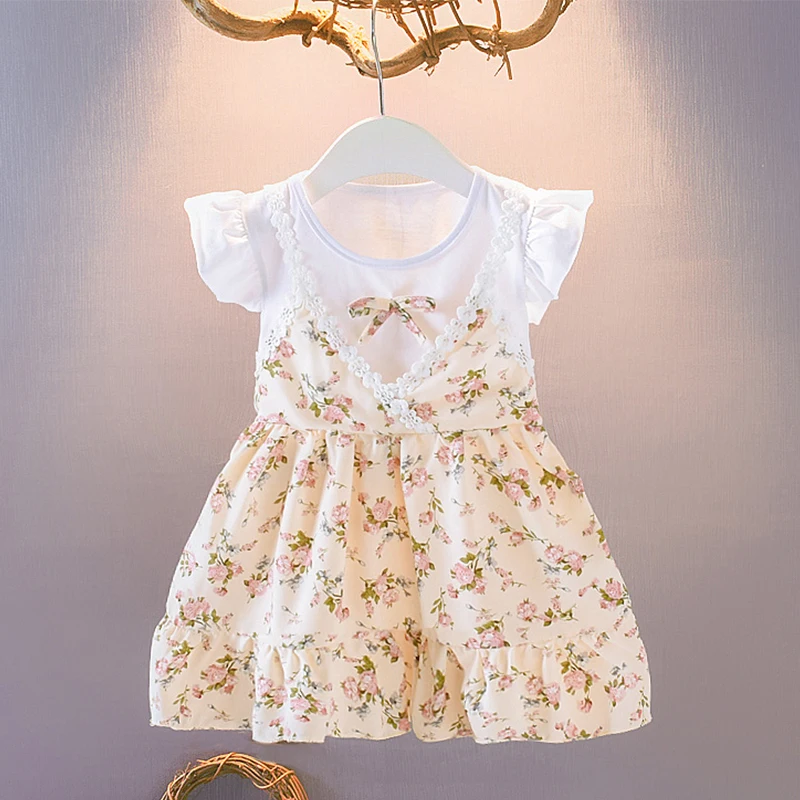 Novorojenček malčka ponaredek dva kosa obleke cvjetnim tiskanja šifon poletne otroške obleke za dekleta poletje srčkan princesa bombaž mozaik