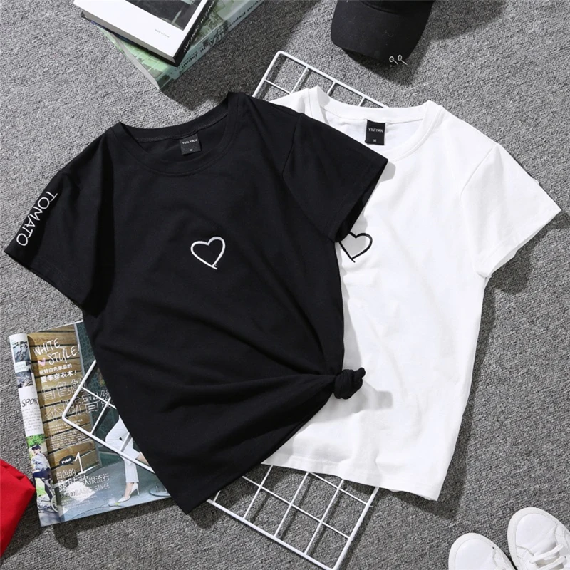 Pari Ljubitelje Vezenje Majica Za dekle Ženske, Ljubezen Srce Črke Natisni T-Shirt Priložnostne Beli Vrhovi Tshirt Nova