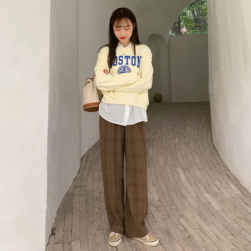 SML 2020 korejskem slogu kariran naravnost hlač ženske jeseni Priložnostne širok noge Dolge hlače, womens (X1648)