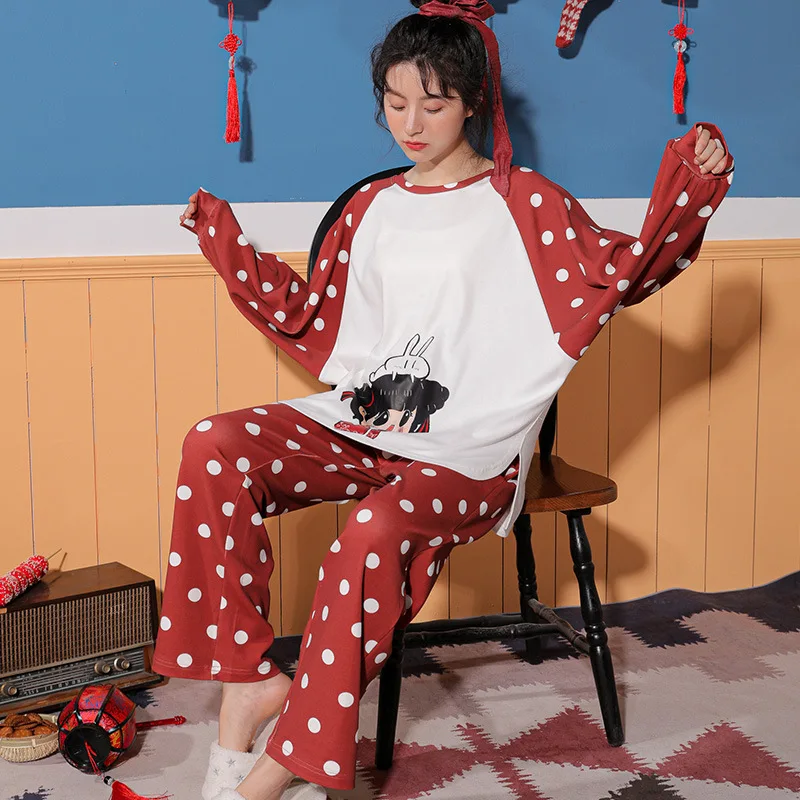Novi Kitajski Slog Čistega Bombaža Ženske Doma Obleko Dekle Pižame z Dolgimi Rokavi Hlače Udobno Pižamo za Priložnostne Lepe Ženske