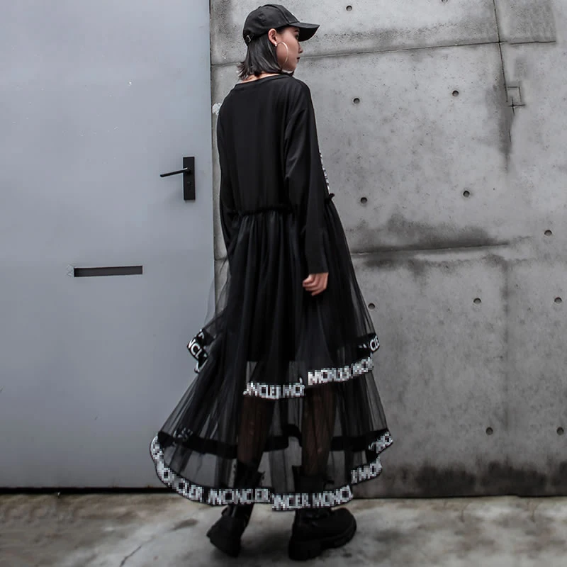 Moda Svoboden Priložnostne Plus Velikost Obleka Ženske Plima Očesa Mozaik Midi Obleko Pismo Tiskanje O Vratu Dolg Rokav