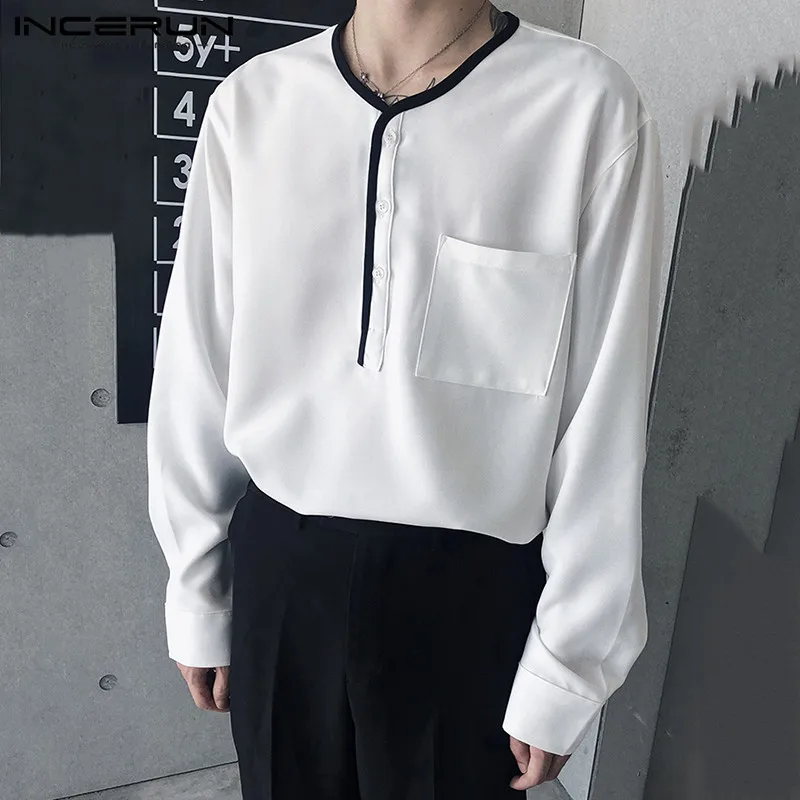 INCERUN Modni Moški Priložnostne Srajco korejskem Slogu Mozaik Dolg Rokav V Vratu Gumb Elegantno Bluzo Ulične Tanke Majice Camisas