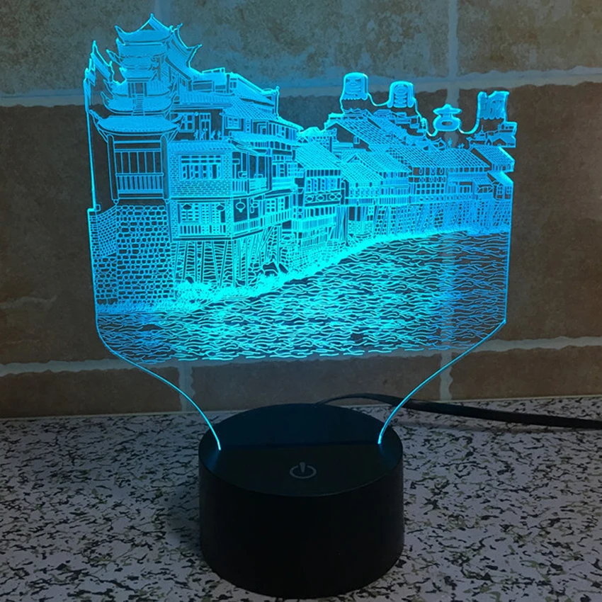 Kitajska zgodovinske kulturne Phoenix Mesto oblike 3D lučka,pisane Gradient počitnice deco 3d iluzije lučka led namizne svetilke za spalnico