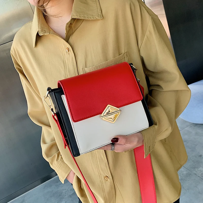 Moda kontrast barve kvadratek vrečko enostavno široko naramnico Messenger bag torbice novih širokopasovnih 2019ins
