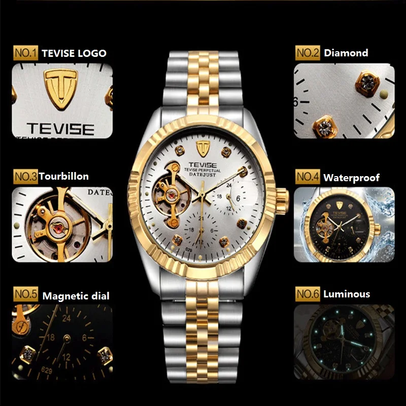 Relogio TEVISE Samodejni Watch Moških Tourbillon Diamond Obsega Svetlobna Mehanske Ure Poslovni Ročne Dropshipping