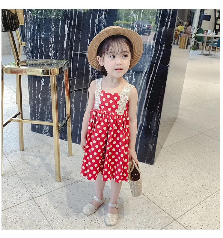 Poletje nov modni srčkan korejska različica 3-7 let baby dekle otrok čipke telovnik polka dot čipke zanko princesa obleko