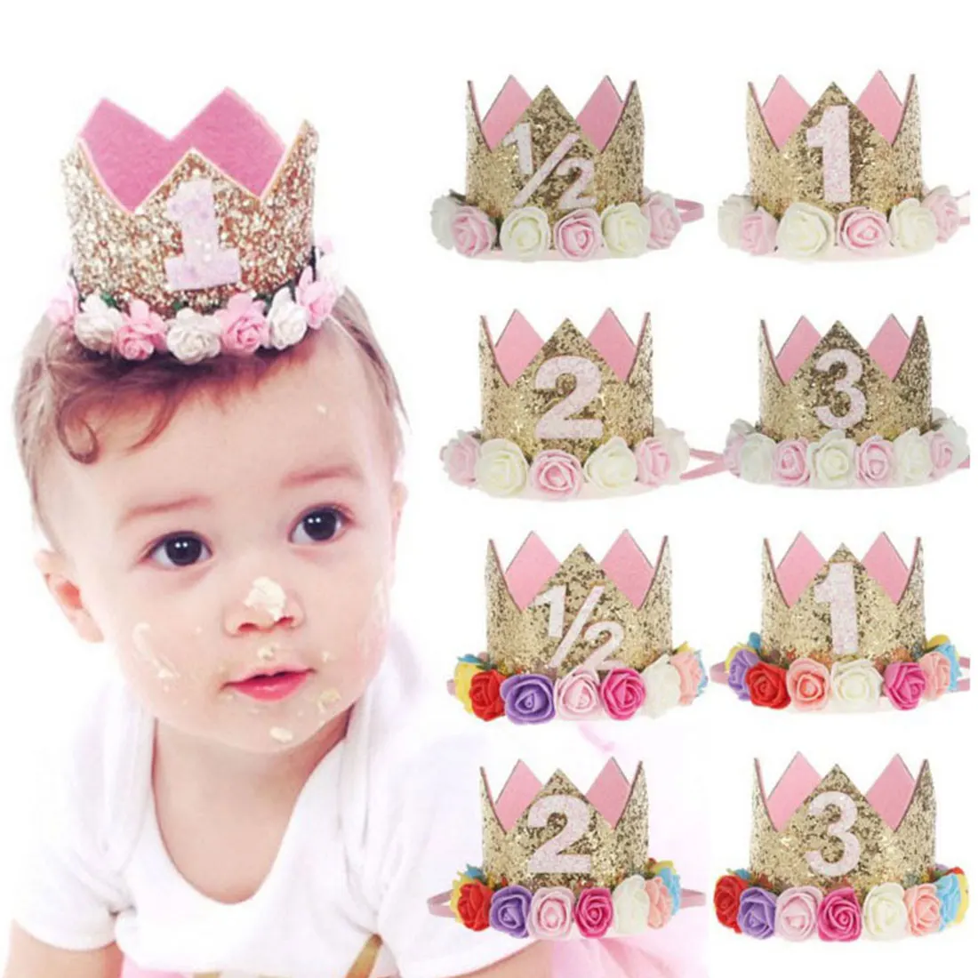 Stranka klobuk otrok krono tiara rojstni dan klobuk flash dekle zlato pink princess krono številka prvi rojstni dan fant stranka rojstni dan krono