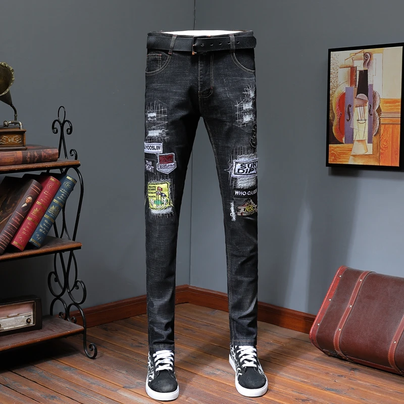 2019 modi nove moške priložnostne luknjo jeans / Moške oprati slim ustreza traper hlače hlače kavboj traper hlače