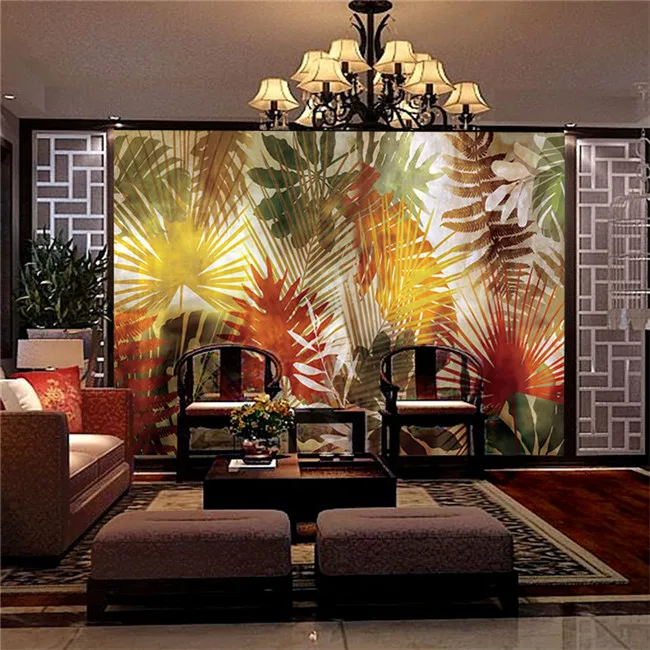 3d velika dnevna soba, spalnica TV ozadju freska na steni ozadje Jugovzhodna Azija tropskih rastlin deževnega gozda brezhibno steno pokrivna