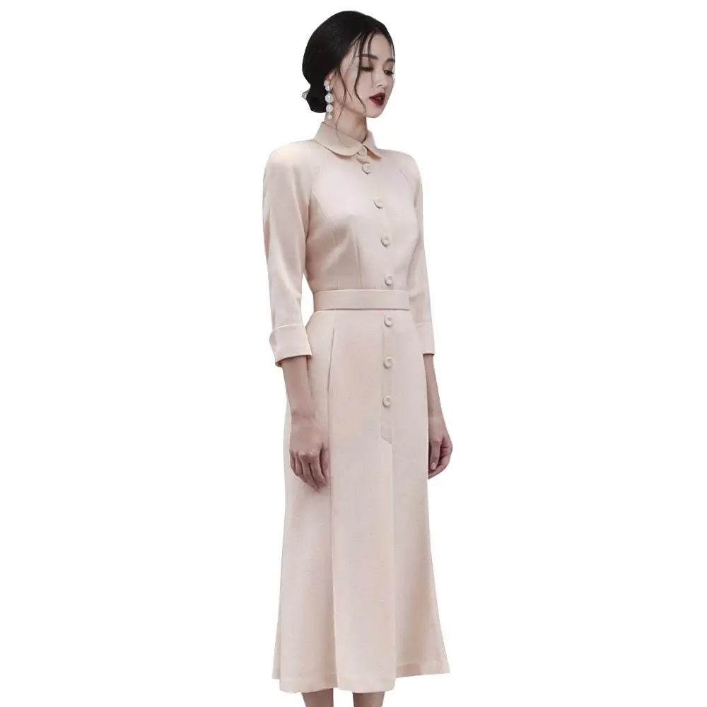 2020 Novo Pomlad Temperament OL Moda Elegantno Srajco, Obleko Ženske Enotni-zapenjanje Sredi Tele Kravato Pasu Split Obleko