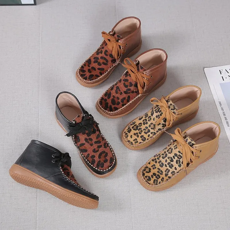 Z101 Žensk Pomlad Jesen Krog Toe Leopard Čipke PU Plus Velikost 43 Stanovanj Udobno Žensk Visoki Vrh Čevlji Zapatos Mujer
