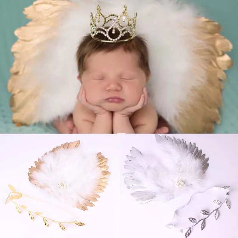 Za Malčke Baby Pero Čipke Pearl Cvet, Listi Glavo & Angel Krila Foto Rekviziti