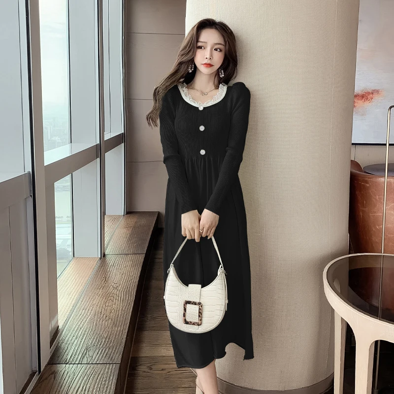 Nov prihod moda korejski pozimi obleko ženske OL temperament sladko čipke vratu puff rokav midi premetavati pletene a-line oblačenja