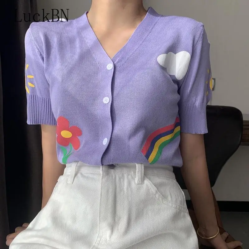 V-Neck Knitted Priložnostne Pulover Ženske Majice Oblačila Pletenje Kratek Rokav Pomlad Poletje Tanko Jopico Outwear Ženski 2021