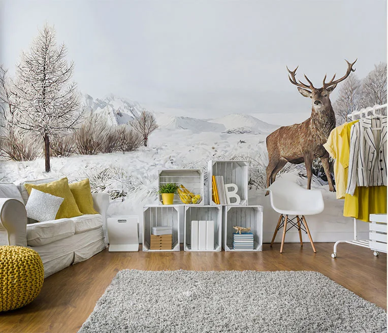 Bacaz 3D Stenske Nalepke so Ročno naslikana Žival Sika jelena Umetnosti Steno stensko za dnevno Sobo 8d Pozimi sneg fotografijo za Ozadje stene Dekor
