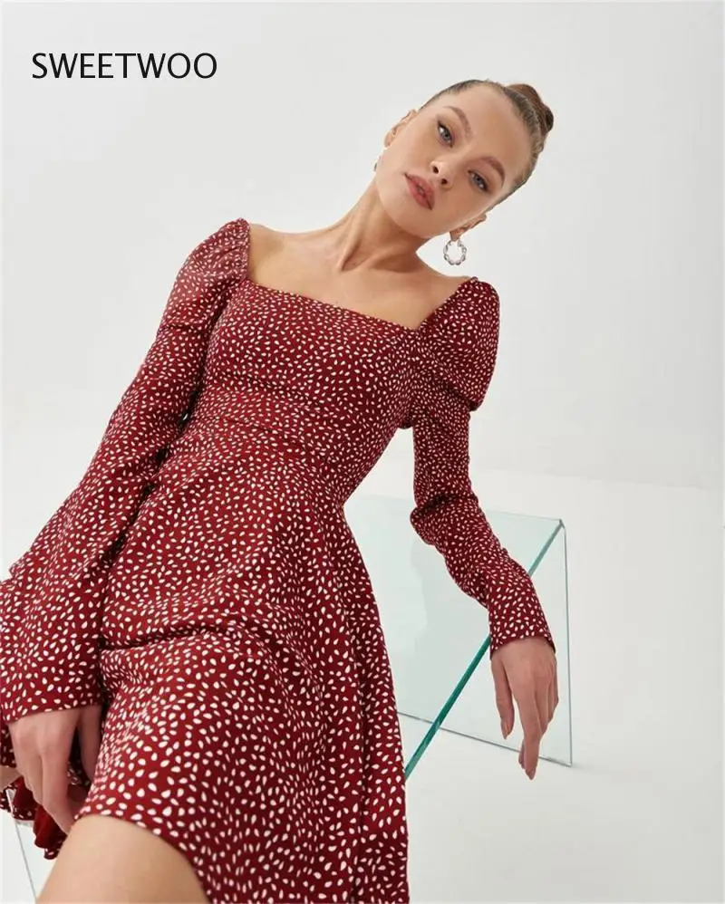 Ženske Jeseni, Pozimi Obleko Dame Kvadratnih Vratu Puff Rokav Priložnostne Ženski Francoski Elegantno A-Line Vintage Obleke 2021