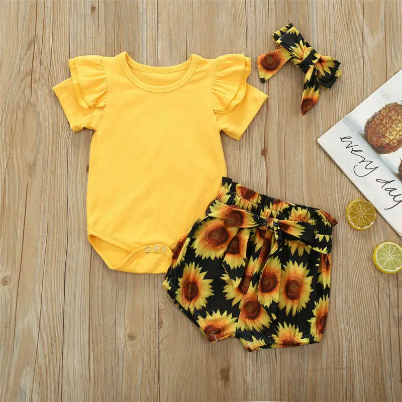 3Pcs Newborn Baby Girl Obleke Romper Obleka, Hlače Sončnično Poletno Obleko