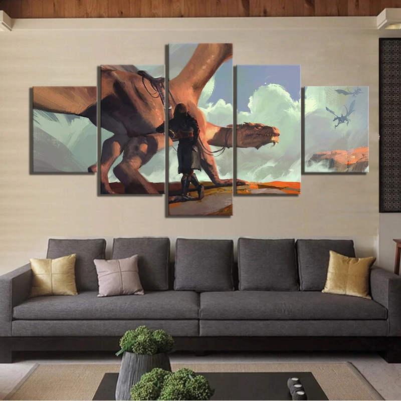 5 Kos HD Fantasy Art Risanje Slike Zmaj Umetnine Wall Art Platno, Slike za Dnevna Soba Stenski Dekor