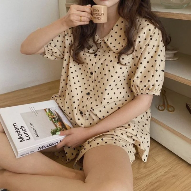 Ženske Korejski Pajama Poletje Sladko Polka Dot Homewear Luštna Dekleta Sveže Kratek Rokav Bluze+Hlače Sleepwear Tanko Jopico S1012