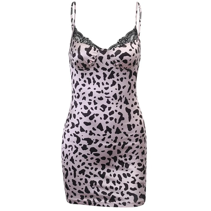 Leopard Čipke Dungaree Obleko za Ženske Modni Trend Seksi, Divje Backless Tesen Dihanje Prsih, s Poudarkom Mini Obleka Debelo