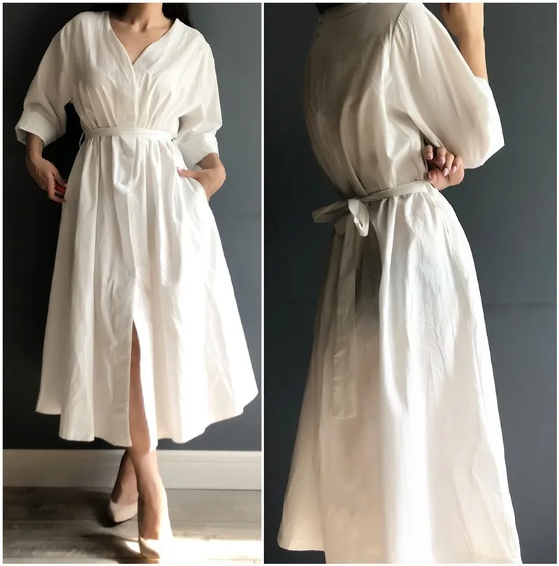 GOOHOJIO Novo 2020 Ženske Obleke Pomlad Poletje Bombaž in Lan Elegantno Naguban Dolge Bele Obleke V Vratu Čipke Lok Ena Velikost