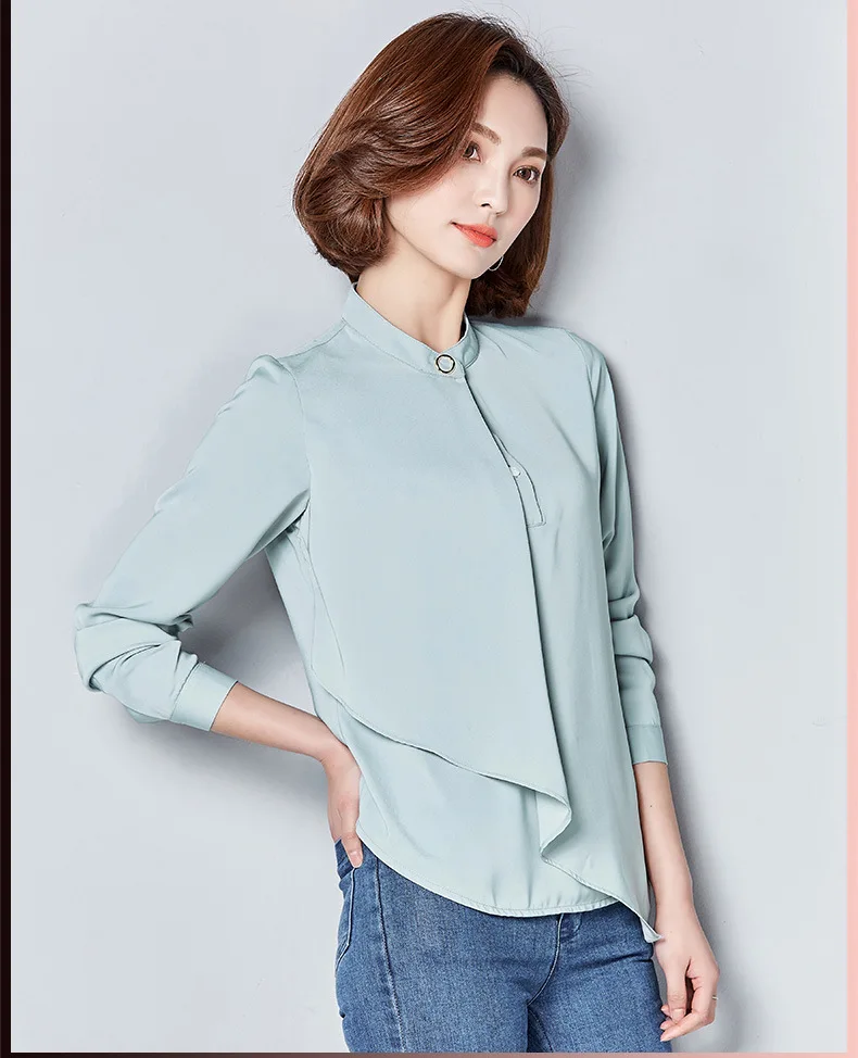 2019 pomlad novo stojalo ovratnik šifon dno majica retro korejska različica svoboden, svoboden šifon ženska majica dolg rokav