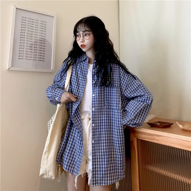 Japonski Majhne Kariran Pomlad ženska Majica River Dolg Rokav Študent Dekle Moda Retro Majica Fant Žep Elegantno Bluzo Ženske