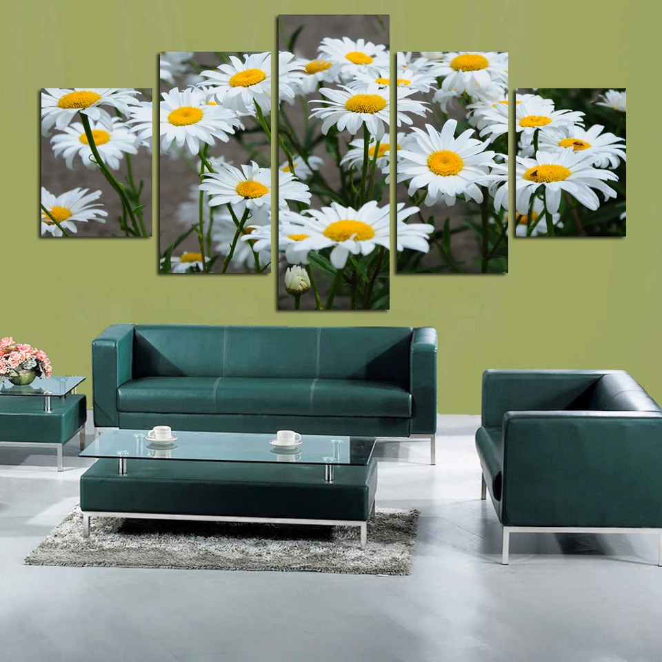 Platno Doma Dekor Slikarstvo Modularni Okvir Slike HD Natisnjeni 5 Plošča Bela Marjetica, Sončnica Cvetje Plakat Soba Wall Art