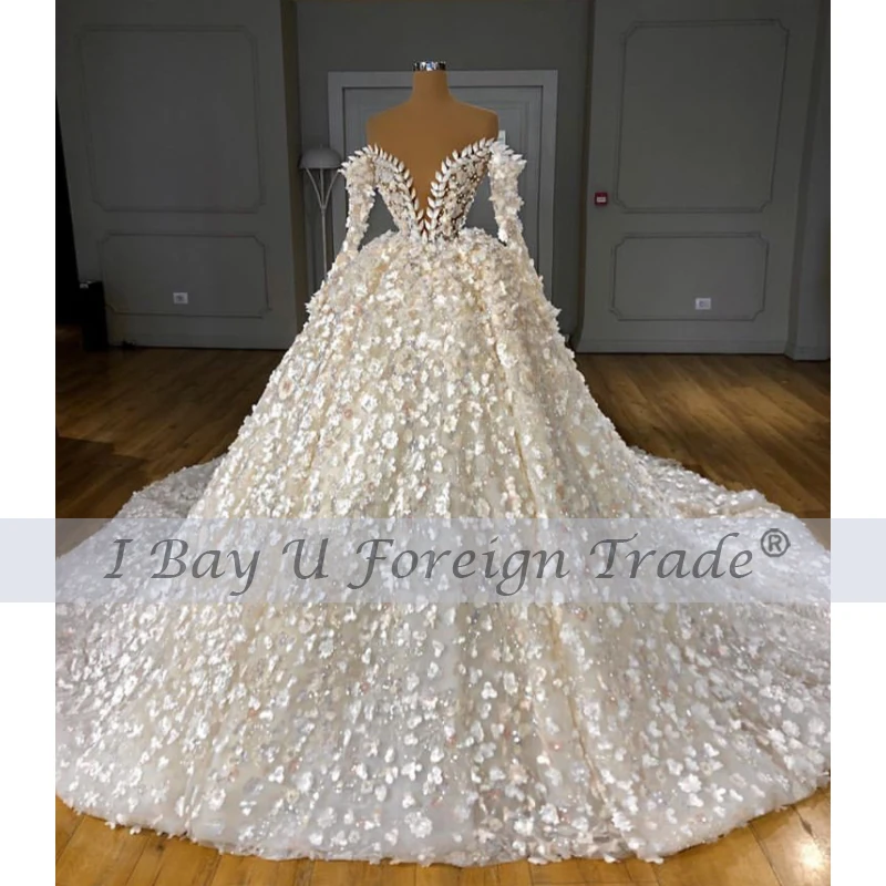 Haljo De Mariee Princesa De Luxe 2020 Beading Popolno 3D Cvet Luksuzni Čipke Žogo Obleke Osebnih Meri Poročno Obleko Off Ramo