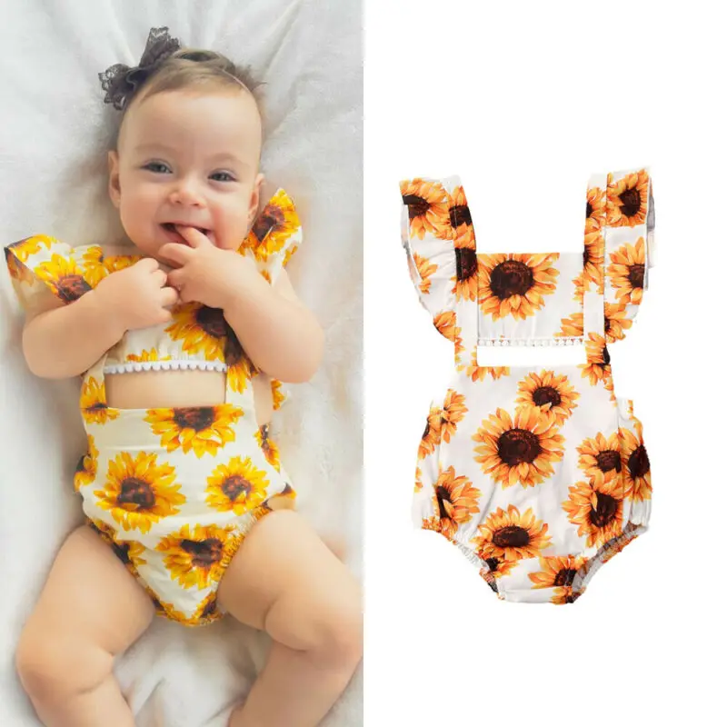 2020 Poletnih Oblačil Malčka Otroci Baby Dekle Bodysuits Ruffle Rokav Votlih Iz Sončnic Cvetlični Jumpsuit Sunsuit Obleko Kostum