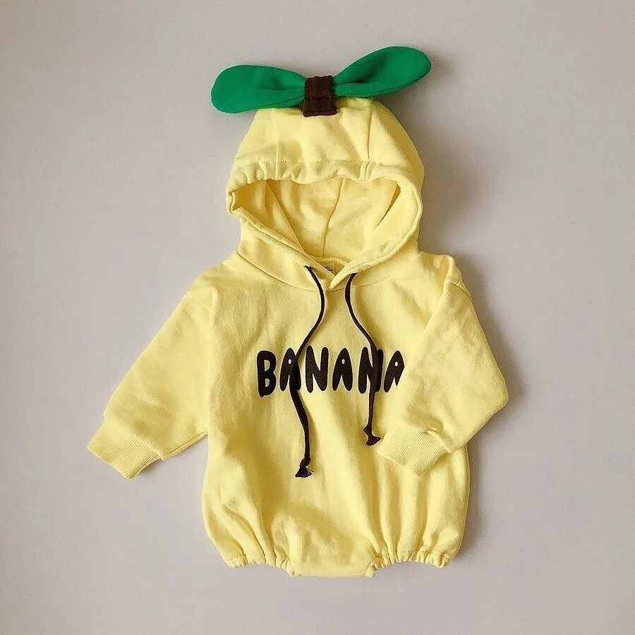 Pudcoco Newborn Baby Boy, Girl Obleke Pismo Banana Tiskanja Long Sleeve Hooded Bombaž Romper Jumpsuit Enodelno Obleko Oblačila