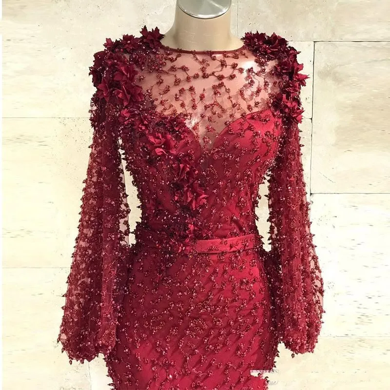Formalno Temno Rdeče Večerne Obleke s Perjem Beaded 2020 Prom Oblačenja Dolge Rokave Saten Stranka Nositi haljo de soiree