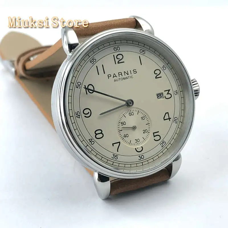 42mm top blagovne znamke Parnis moške nova mehanska ura srebrna primeru, datum usnje samodejno moda darilo ure 2962