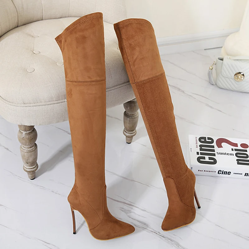 Leta 2019 Kolena, Visoko Ženske Škornji Faux Antilop Stretch Slim Čevlji Modni 12 cm Peto Stegno Visoki Škornji Čevlji Ženska 42 Velikost Klin Čevlji