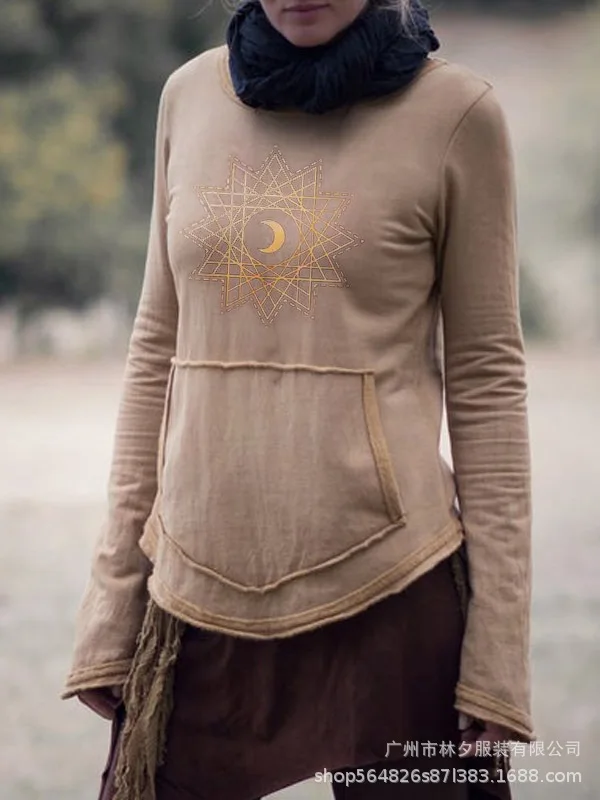 KALENMOS Ženska Tshirts Tiskanja Harajuku Vrhovi 2020 Graphic Tee Ženske Modnih Oblačil Jesen Zima Dolg Rokav Retro Etnične Majice