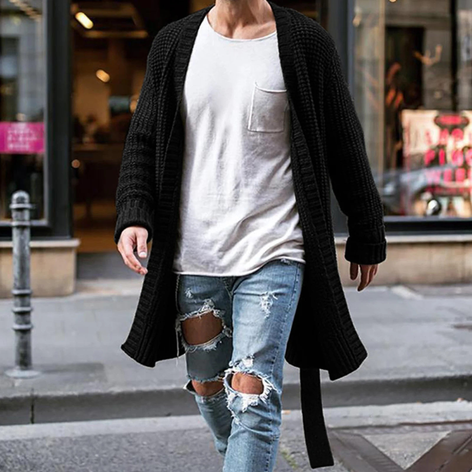 Moški Pleteni Coats 2020 Jeseni, Pozimi Velikosti Slim Toplo Jopico Priložnostne Trdna Dolg Rokav Midi Pulover Plašč Outwear