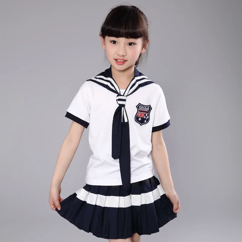 Šolskih uniform Nove modele, Dekleta, ki bo Ustrezala Fantje t shirt+Krilo Otroci Preppy Prugasta Šolsko Uniformo Za Dekleta Mornar Mornarica Fantje Oblačila