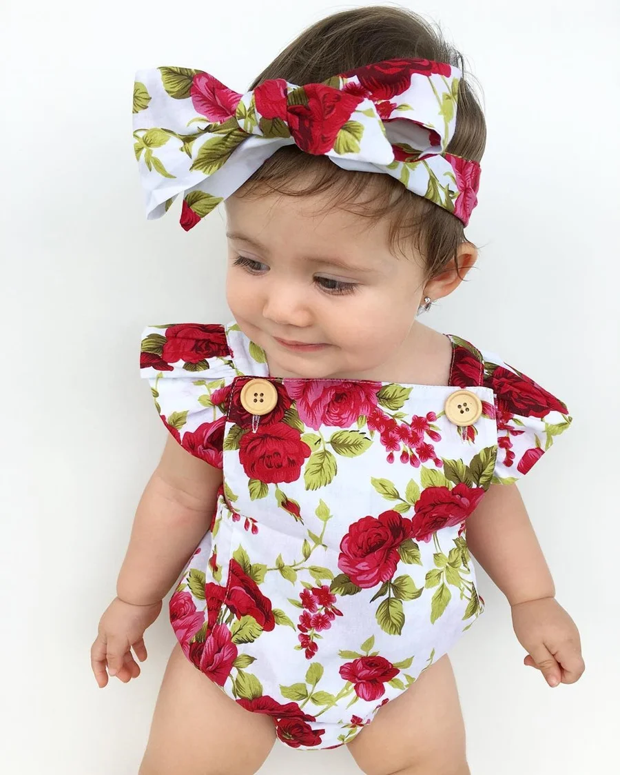 Novorojenček Cvetlični Baby Girl Obleke Ruffles Obleka brez Rokavov +Glavo 2pcs Obleko Bebek Giyim Sunsuit 0-24M Dekle Oblačila