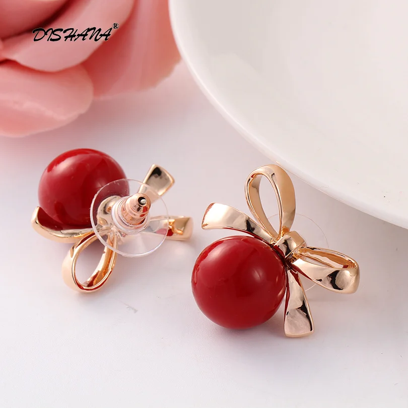 14 mm Rdeča Simulirani Pearl Ženske Modni Spusti Uhani Rose Gold-Barva 23,5 mm Bwoknot Visijo Earing Vroče E0514