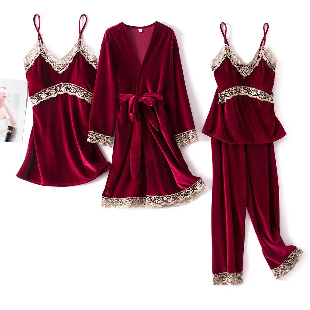 Priložnostne Žamet 4PCS Pižamo bo Ustrezala Ženske Sleepwear More Velur Pijamas Kimono kopalni plašč Obleke 2021 Nove Pižame Spanja Set